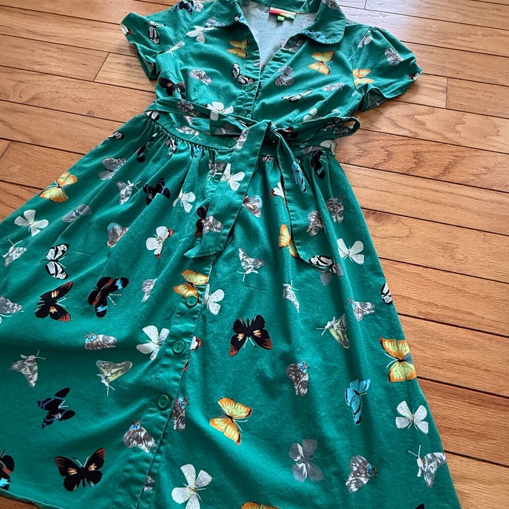 Fervour Modcloth Green Butterfly Print Button-Front Dress Small Summer